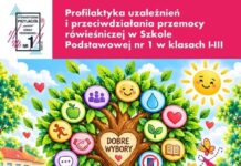Grafika z drzewem „Dobre wybory” i szkołą, tytuł programu profilaktyki w SP nr 1