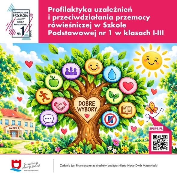 Jedynka uczy mówić „nie” przemocy i używkom Grafika z drzewem „Dobre wybory” i szkołą, tytuł programu profilaktyki w SP nr 1