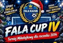 Mikołajkowa Fala CUP dla rocznika 2014 Plakat turnieju Fala CUP IV z herbem Fala Kazuń w czapce Mikołaja