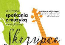 Skrzypce dla rodzin i wernisaż ceramiki Plakat rodzinnego spotkania ze skrzypcami w GOK Pomiechówek