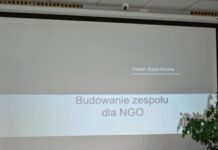 Stowarzyszenia ćwiczyły dogadywanie się w zespole Ekran z napisem „Budowanie zespołu dla NGO” i nazwiskiem trenerki Edyty Kozery