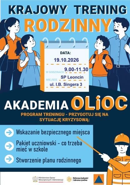 Uczniowie z Leoncina poćwiczą na wypadek kryzysu Plakat Krajowego Treningu Rodzinnego Akademii OLiOC w SP Leoncin 19-X-2026