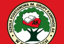 Godło Szkoły Podstawowej im. Grupy Kampinos AK w Kaliszkach i napis Koło Wolontariatu Szkolnego